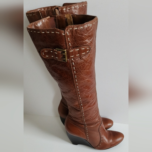 DIBA BOOTS COGNAC BROWN WEDGE HEEL KNEE HIGH ALMOND TOE BUCKLE LEATHER 7 - Picture 12 of 16